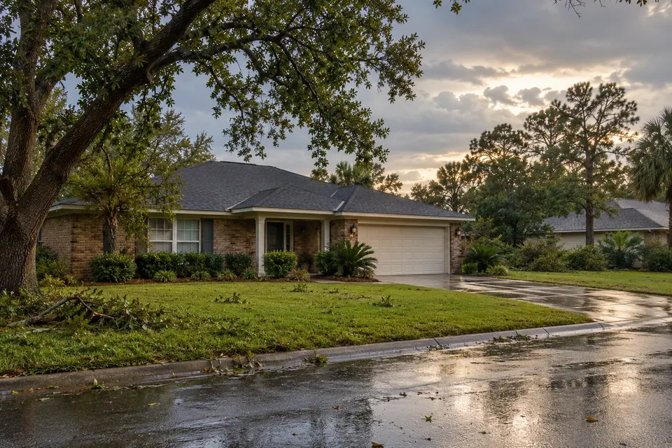 Generated illustration of a residential roof after rain in Pensacola.